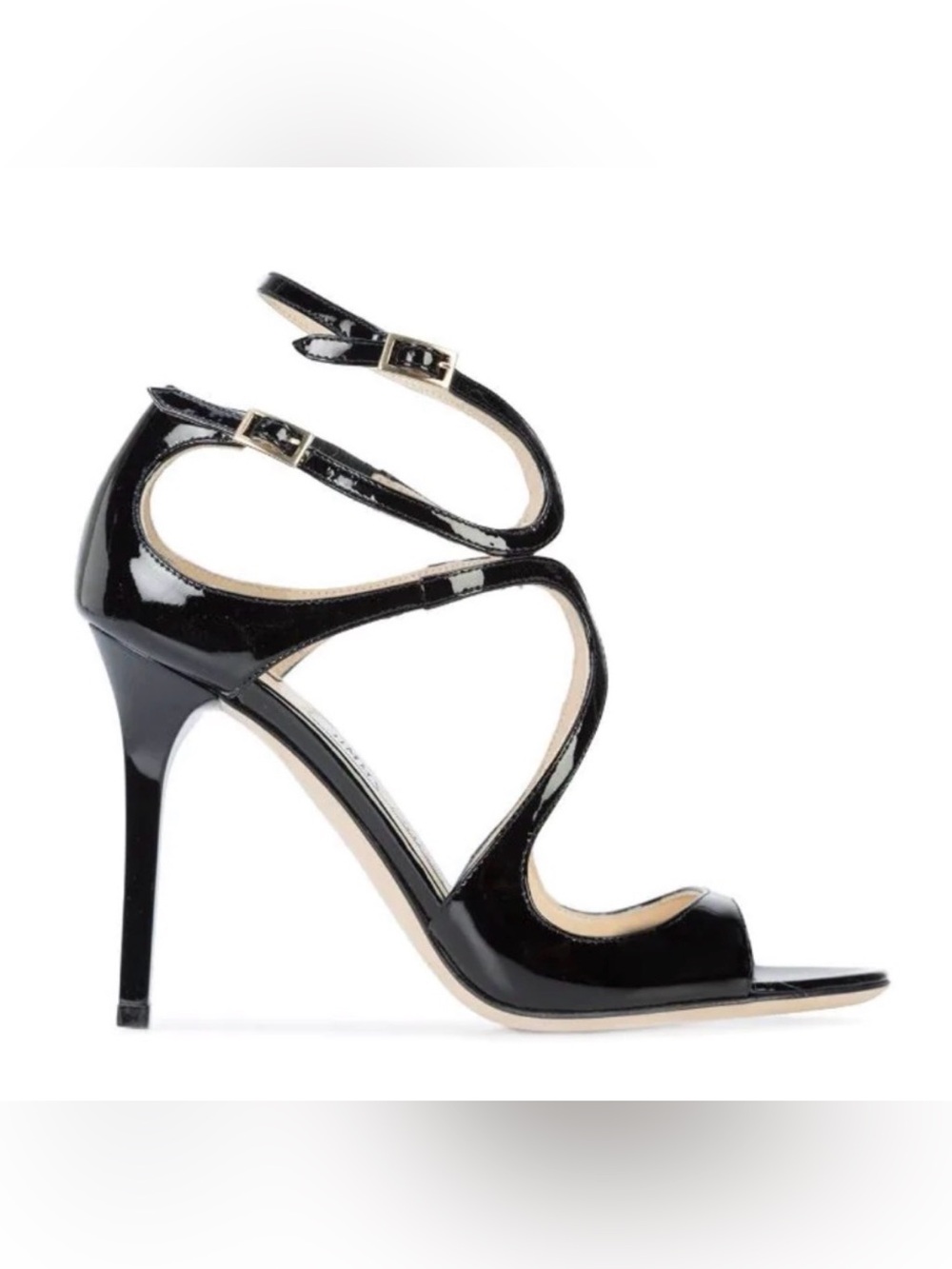 JIMMY CHOO “The Lang” 100mm Strappy Black Patent High Heel Sandal